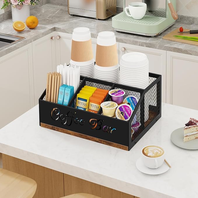 Coffee Station Organizer, Rustic Brown Wooden Countertop Coffee Bar Accessories - Image 6