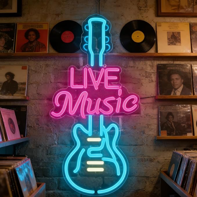 Live Music Neon Sign LED Light for Music Room Wall Decor Guitar Light Up Sign by Unknown