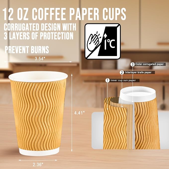BYSNOW 100 Pack 12 oz Coffee Cups, Disposable Insulated Hot Cups To Go Paper - Image 2