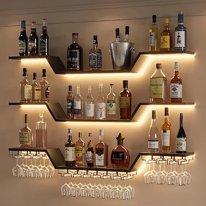 Wall Mounted Wine Rack with LED Lights, 3-Tier Floating Bar Shelves, Hanging by ZAOBAS