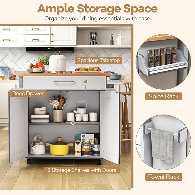 LOKO Kitchen Island Cart with Wheels, Rolling Kitchen Storage Cabinet with - Image 5