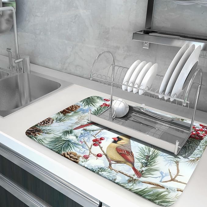 Winter Birds Dish Drying Mats 18x24 Inch, Pine Cone Berries Branch Bird Large - Image 5