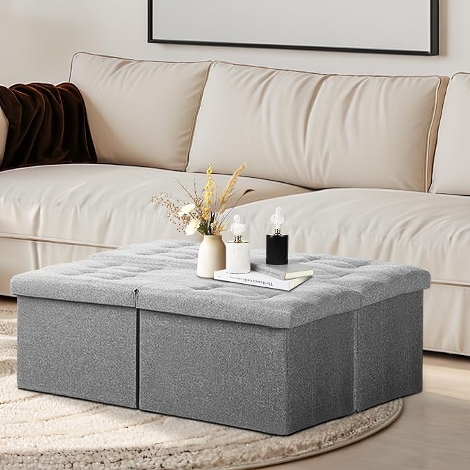 AmasSmile Storage Bench Folding Ottoman Foot Rest Stool, 34 inch Grey Linen - Image 2