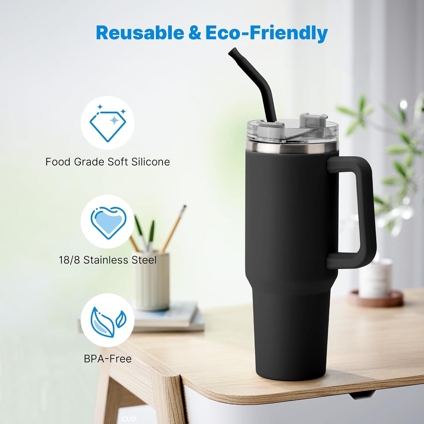 Repeatable Metal Straw with Silicone Tips for 30 oz Stanley Tumbler, 2 Pcs 30 oz Stainless Steel Straws Replacement for Stanley Tumbler, 1 Straw Brush, BPA Free（Black）