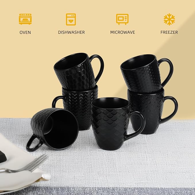 Schliersee 16 OZ Black Coffee Mugs Set of 6, Geometric Pattern Ceramic Coffee - Image 3