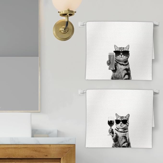 American Shorthair Gifts Cat Wine Kitchen Towels Set of 2, Funny Cats Wine - Image 2