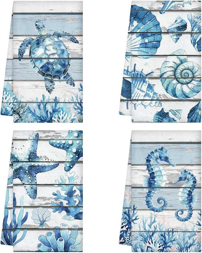 WADORN 4Pcs Ocean Beach Coastal Kitchen Towels, 18 x 26 in Starfish Seashell by WADORN