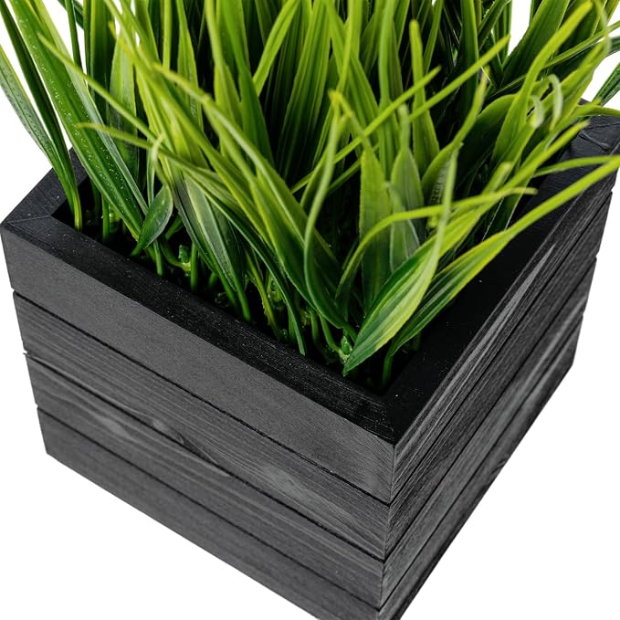 MyGift Artificial Green Grass Plants in Vintage Black Wood 4 Inch Planter Boxes - Image 6