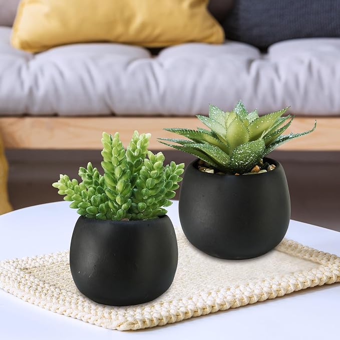 Winlyn Set of 3 Artificial Succulents Plants in Black Cement Planters Faux - Image 7