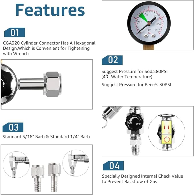 High Pressure CO2 Regulator Dual Gauge Keg Regulator 0-120PSI Output Pressure - Image 4