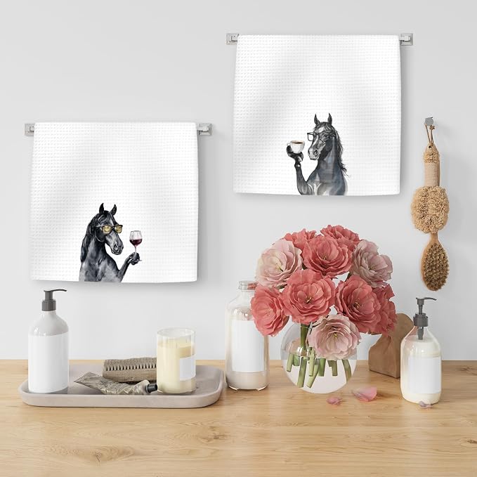 Horse Gifts Coffee Wine Kitchen Towels Set of 2, Coffee Animal Dish Tea Towel - Image 5