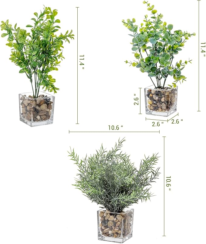 MyGift Artificial Rosemary Eucalyptus and Boxwood Plants Potted in Clear Glass - Image 5