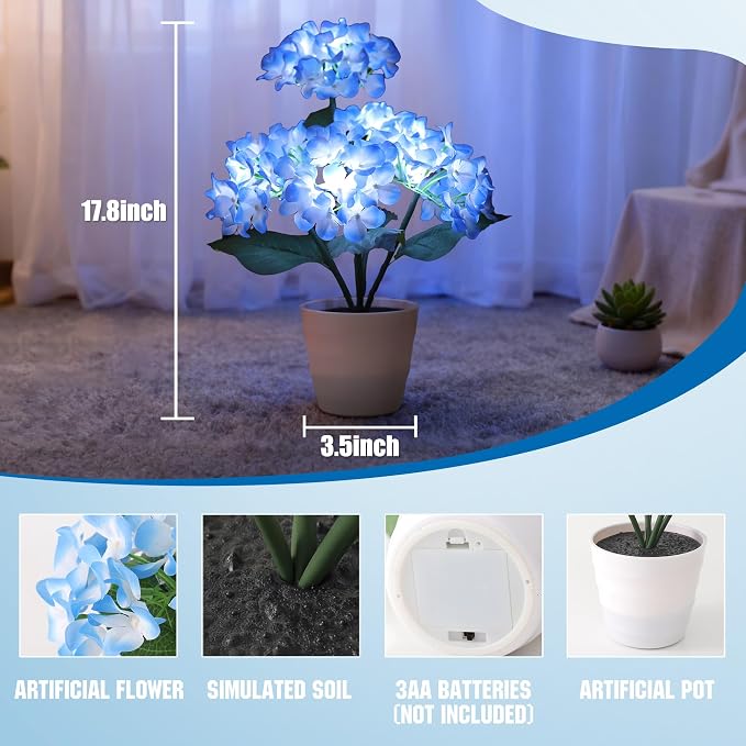 Blue Artificial Hydrangea LED Flower Lamp - Image 3