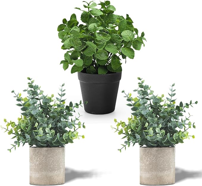 Coferset 3 Pack Small Fake Plants Eucalyptus Mint Potted Artificial Plants by Coferset