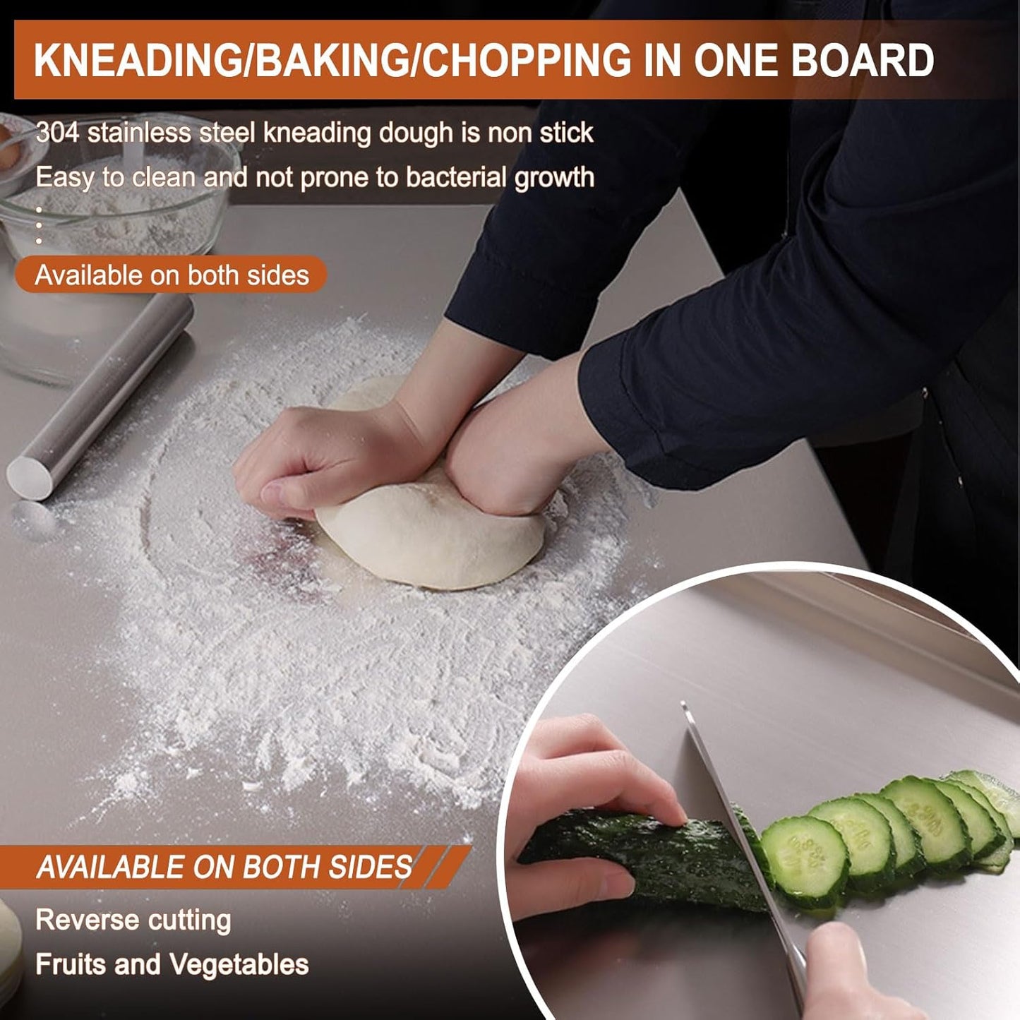 Stainless Steel Cutting Boards for Kitchen,304 Stainless Steel Chopping Boards with Lip and Non-slip silicone pad for Countertop Cutting Meats Fruits,Easy To Clean (19.6 * 19.6 * 0.06inch)