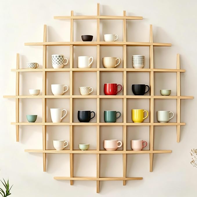 46" x46"Oversize Wooden Coffee Mug Display Shelf, Rustic Wooden Floating Curio by Sicrifety
