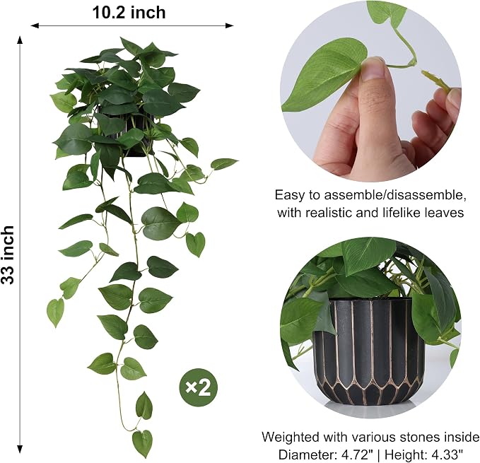 Fake Plants 2 Pcs Faux Pothos Plants Potted Indoor Artificial Hanging Plants - Image 2
