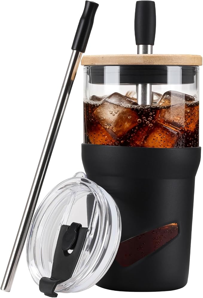 Glass Tumbler with Lids and Straws, 20 oz Iced Coffee Cup and Smoothie Cup with by Olivego