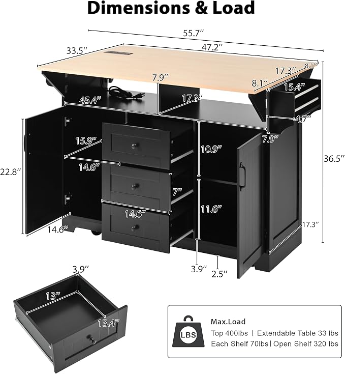 Large Kitchen Island Cart with 2 Drop Leaf, Mobile Dining Table with Storage - Image 2