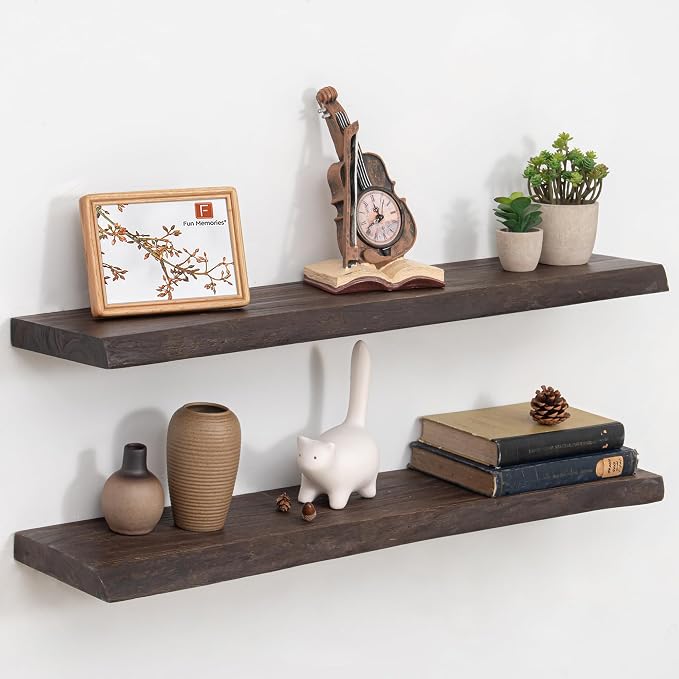 Fun Memories Floating Shelves for Wall Set of 2, Rustic Solid Elm Wood Live by FunMemories