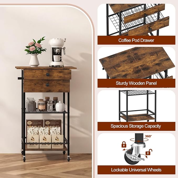 ETELI Coffee Cart Station with Lockable Wheels 5 Tier Coffee Station Organizer - Image 3