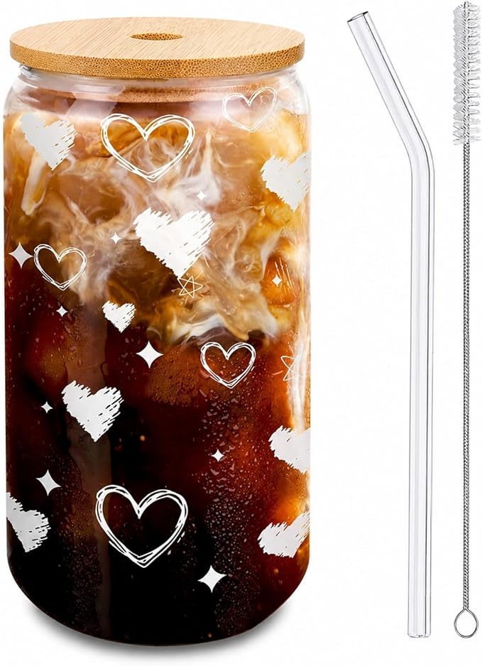 Glass Cup with Lid and Straw, 16 oz Cute Iced Coffee Cup with Heart Design by DAMCONME
