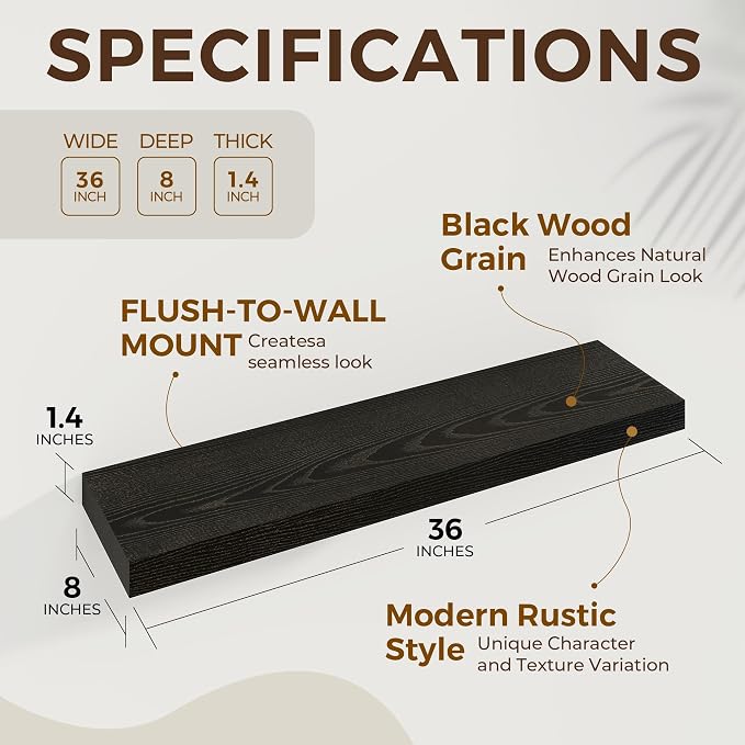 Dreamland 36 Inch Long Floating Shelves in Black, 8 Inch Deep Floating Shelf - Image 5