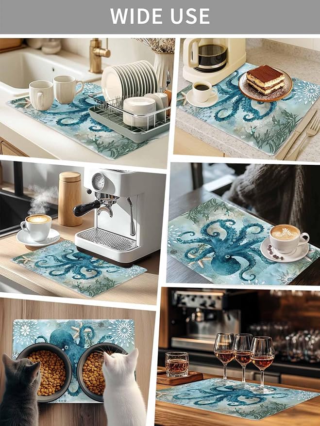 Turquoise Octopus Coffee Mat Ocean Marine Life Nautical Sea Theme Absorbent Bar - Image 8