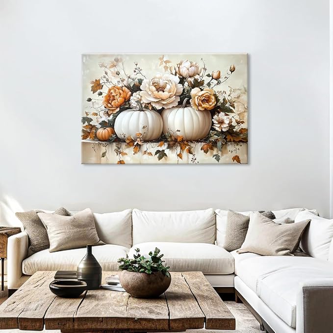Extra Large Fall Flowers Canvas Wall Art, Abstract Watercolor Pumpkin Floral - Image 4