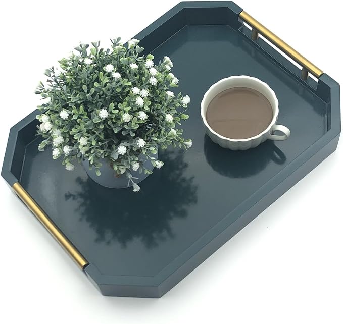 Serving Tray with Polished Metal Handles, Hexagon Coffee Table Tray, Modern by thewense