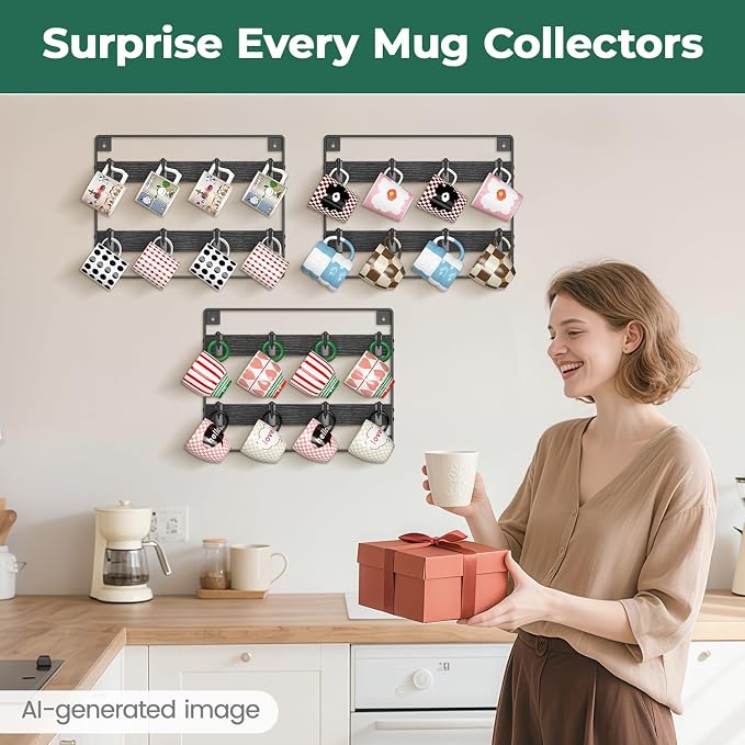 EsLuker.ly Mug Holder Hanger Rack Wall Mounted Wooden 3 Pack Coffee Cup Storage - Image 7