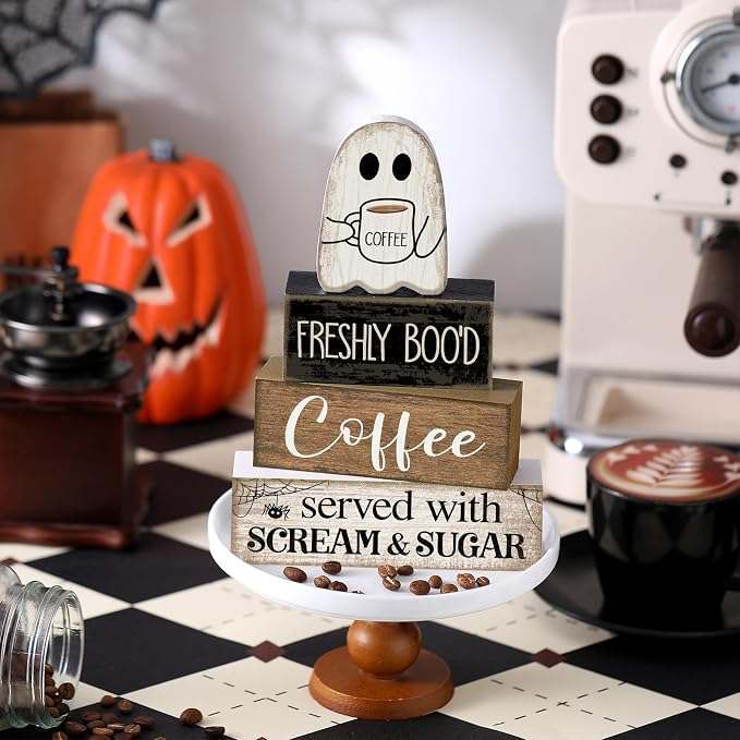 Lineshading 4 Pcs Halloween Table Decor Coffee Ghost Wooden Sign Halloween - Image 8