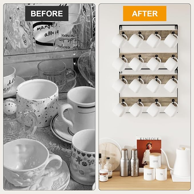 IBUYKE Wall-Mounted Mug Rack Set of 3, 24-Hook Large Coffee Display Organizer - Image 8