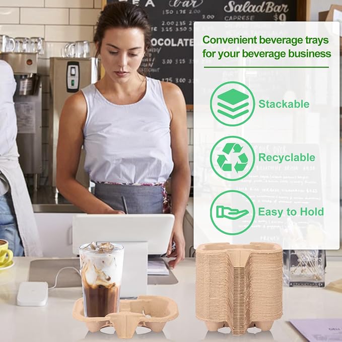 100 Pack Eco-Friendly Two Cup Drink Carrier, Disposable Cup Holder Tray - Image 4