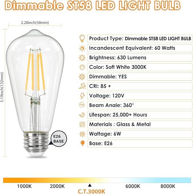 Qingmiao Vintage LED Edison Bulbs, ST58 Dimmable 6W E26 LED Bulb 60W Equivalent - Image 2