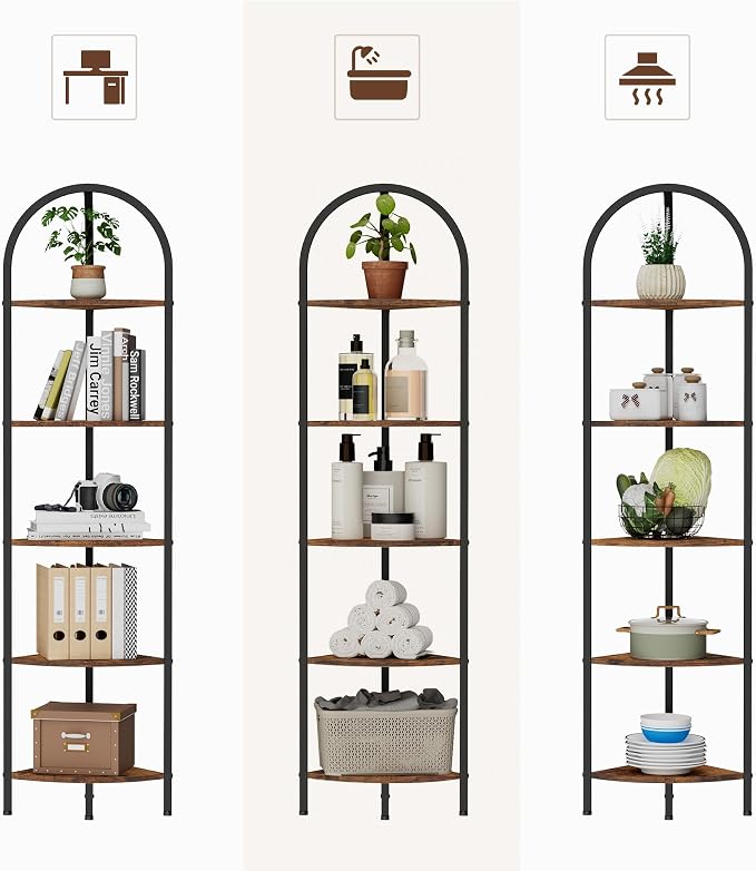 Homhedy 5-Tier Arched Corner Shelf Stand, Wall Corner Bookshelf - Image 4