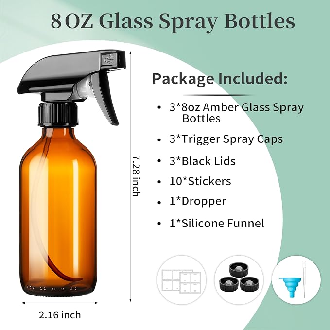 GIVAMEIHF 8oz Amber Glass Spray Bottles, 3 Pack Glass Spray Bottles Refillable - Image 2