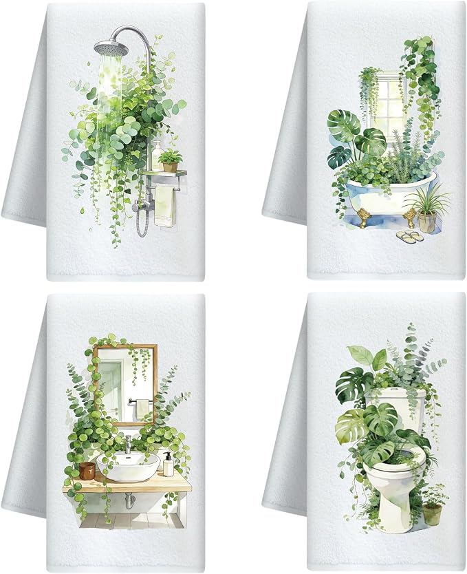 CUTHOLLOW Bathroom and Green Plant Decorative Kitchen Towels Set of 4, by CUTHOLLOW