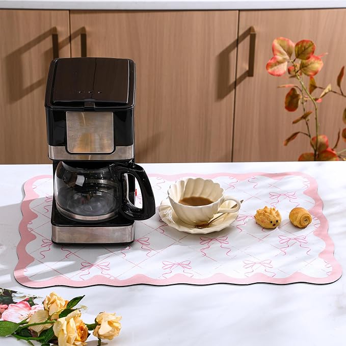 Reallnaive Scalloped Bow Coffee Bar Mats 23.6x15.7inch Pink Absorbent Bar Mat - Image 4