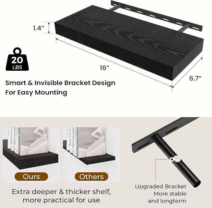 Dreamland 16 Inch Long Floating Shelves in Black, 6.7 Inch Deep Floating Shelf - Image 3