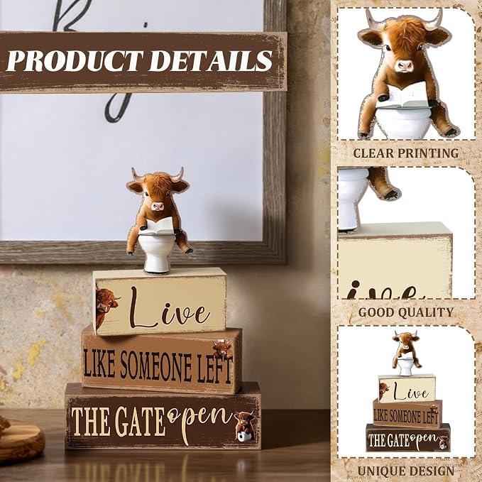 Geelin 4 Pcs Highland Cow Bathroom Decorations Bathroom Wooden Table - Image 5