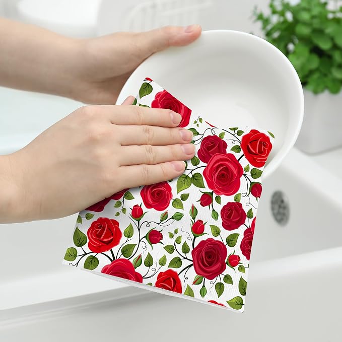 Red Rose Kitchen Dish Towel Set of 2, Soft Absorbent Hand Drying Baking Cooking - Image 3
