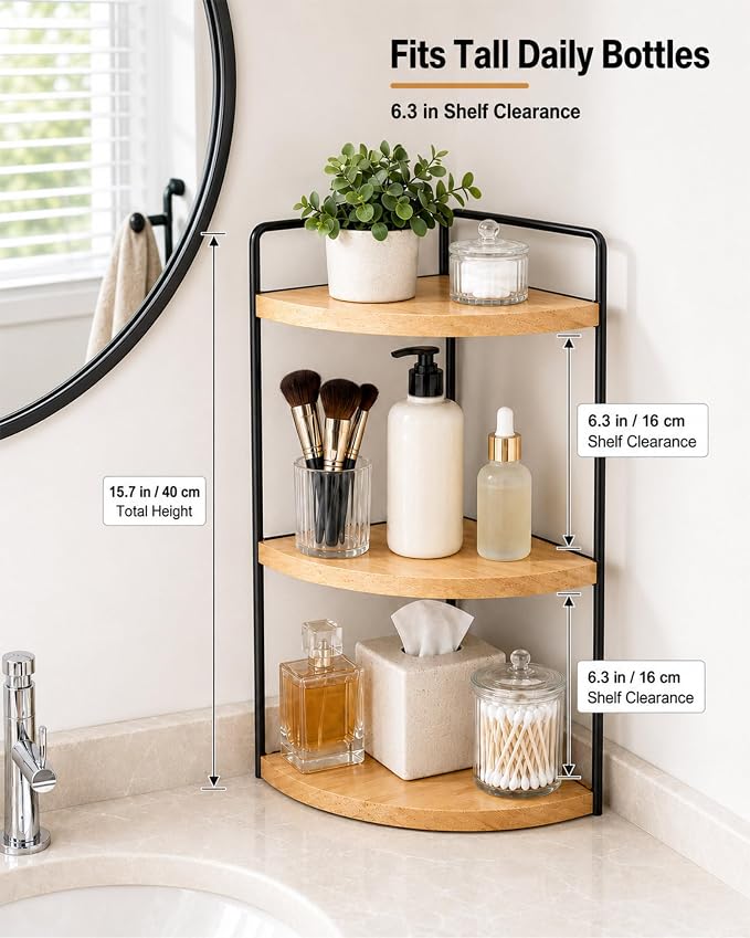 3-Tier Corner Bathroom Countertop Organizer, Solid Pine Wood Vanity Shelf | - Image 3
