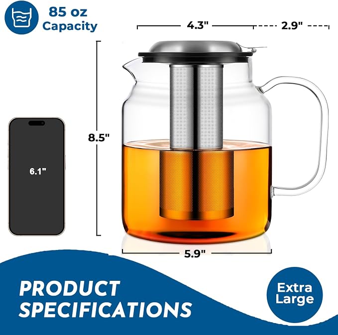 Aquach 85oz Glass Teapot with Infuser, Stovetop Safe Borosilicate Tea Pot | - Image 3