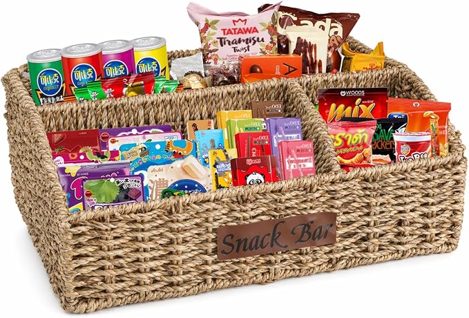 Snack Organizer for Countertop, Trapezoid Snack Organizer Seagrass Wicker Basket by Xbopetda