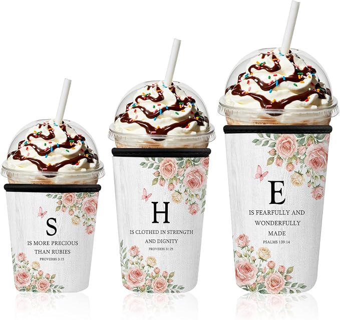 Floral Monogram Iced Coffee Cup Sleeve 3 Pack, Christian Reusable Neoprene by Unknown