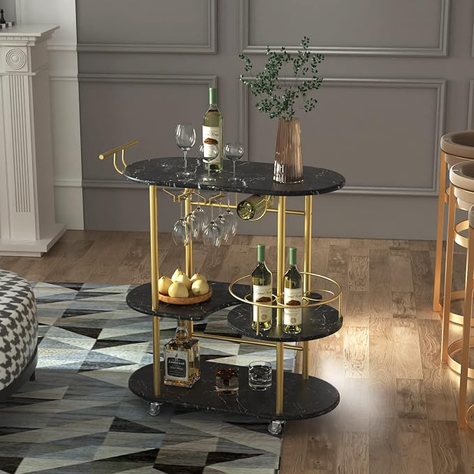 Black Bar Carts with 4-Tier Storage Shelves, Mobile Bar Serving Cart with Wine - Image 9