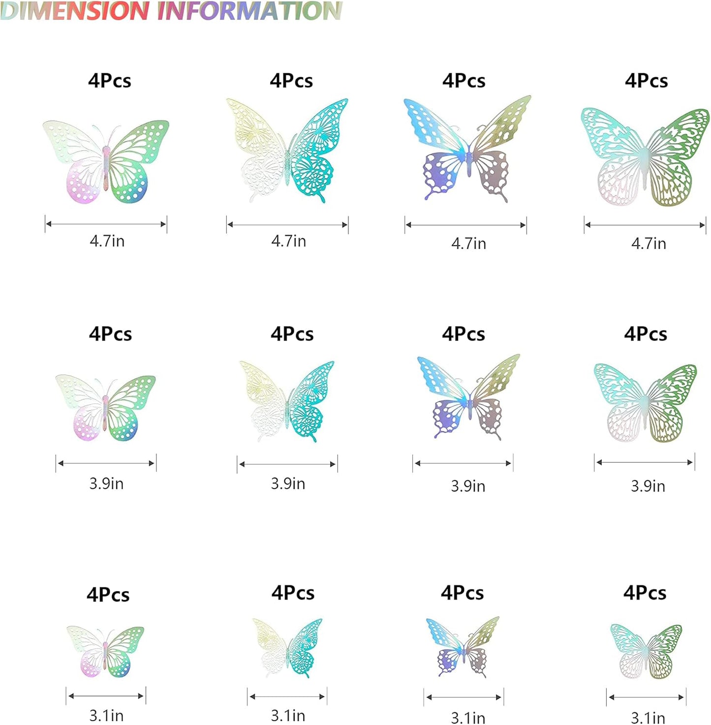 SAOROPEB 3D Butterfly Wall Decor - 48 Pcs, 4 Styles, 3 Sizes - Removable Stickers (Laser)