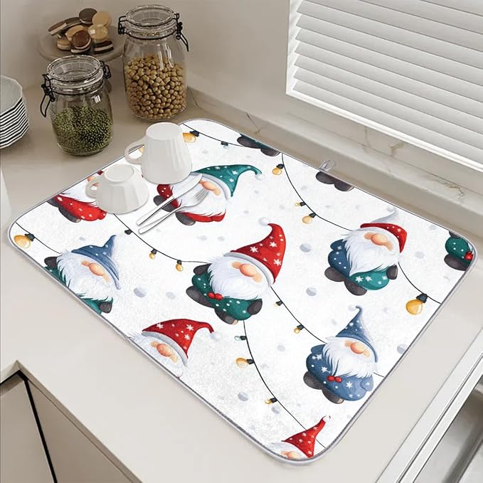Cute Christmas Gnomes String Lights Dish Drying Mat, Kitchen Counter Quick Dry - Image 6