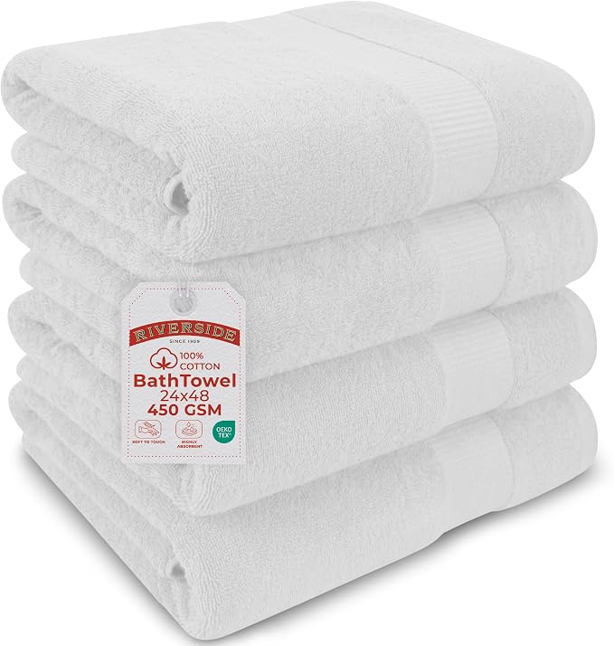 RIVERSIDE Medium Bath Towel Set of 4, 24x48 Inches – 100% Ring-Spun Cotton Bath by RIVERSIDE